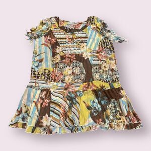 Alberto Makali Blouse Top Womens Large Multi Floral Sequin Smocked Fairy Boho